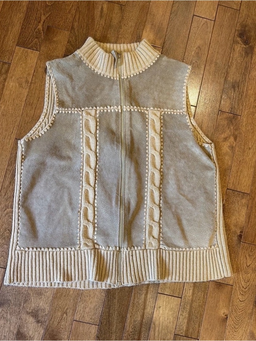 Vintage Suede Sleeveless Zip Front Leather Cable Knit Sweater Vest - Beige